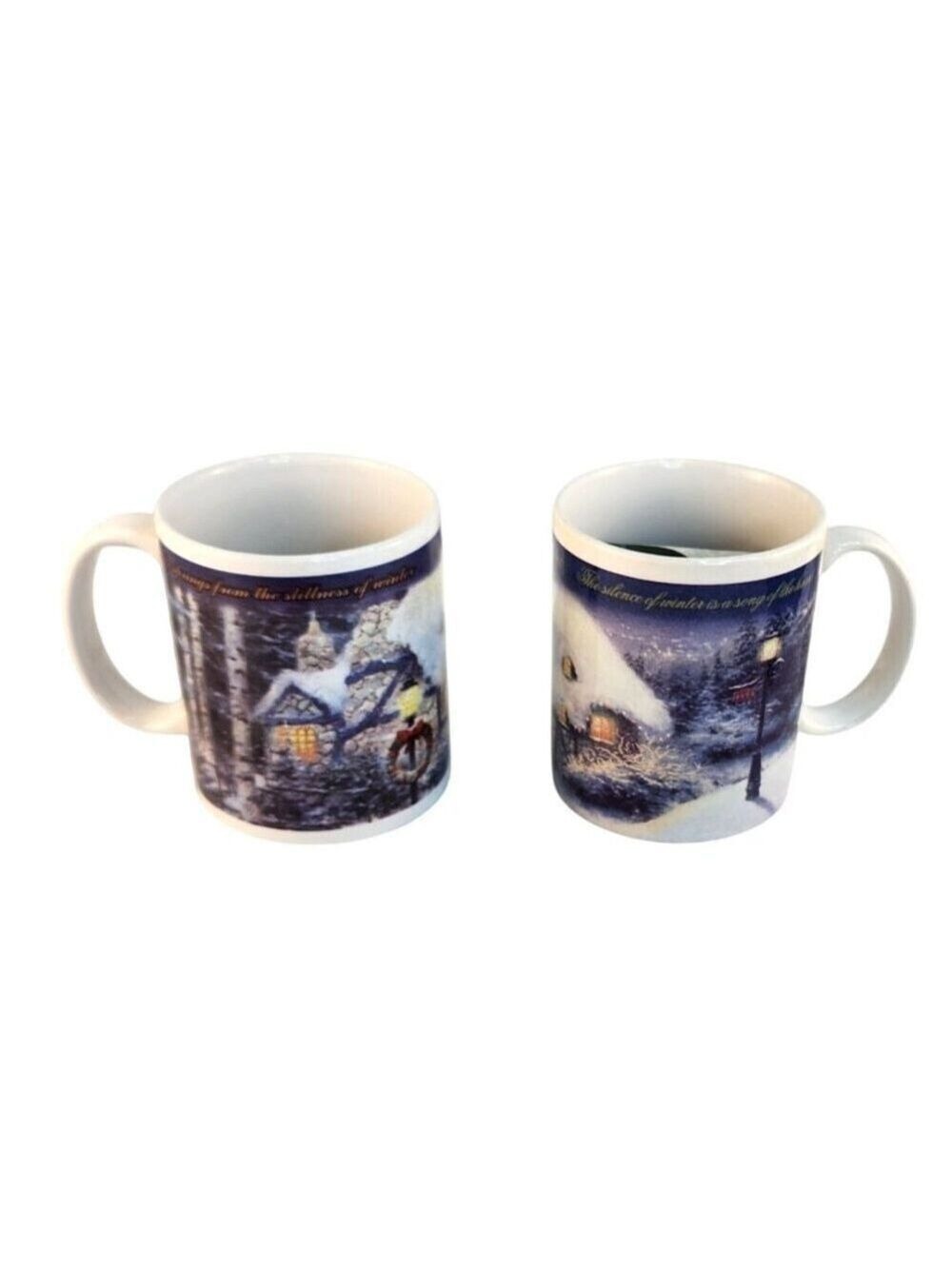 Thomas Kinkade 1990 Coffee Mug Set Stonehearth Hutch and Silent Night Winter Sce